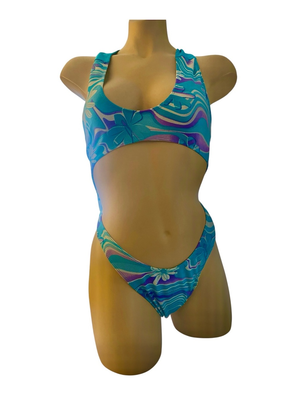 Blue Floral Cutout One-Piece Swimsuit Dancewear New